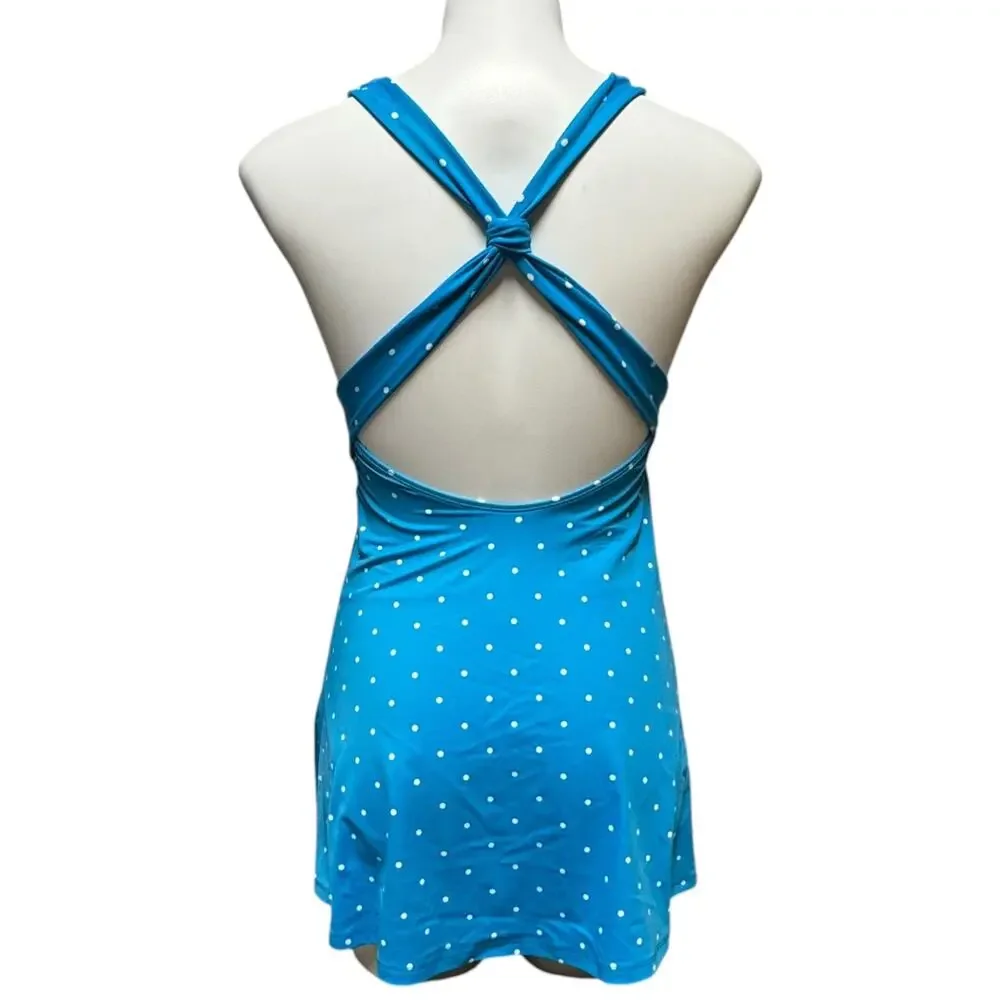 L.L.Bean Twisted One Piece Swimsuit Swim Dress Blue White Polka Dot 4